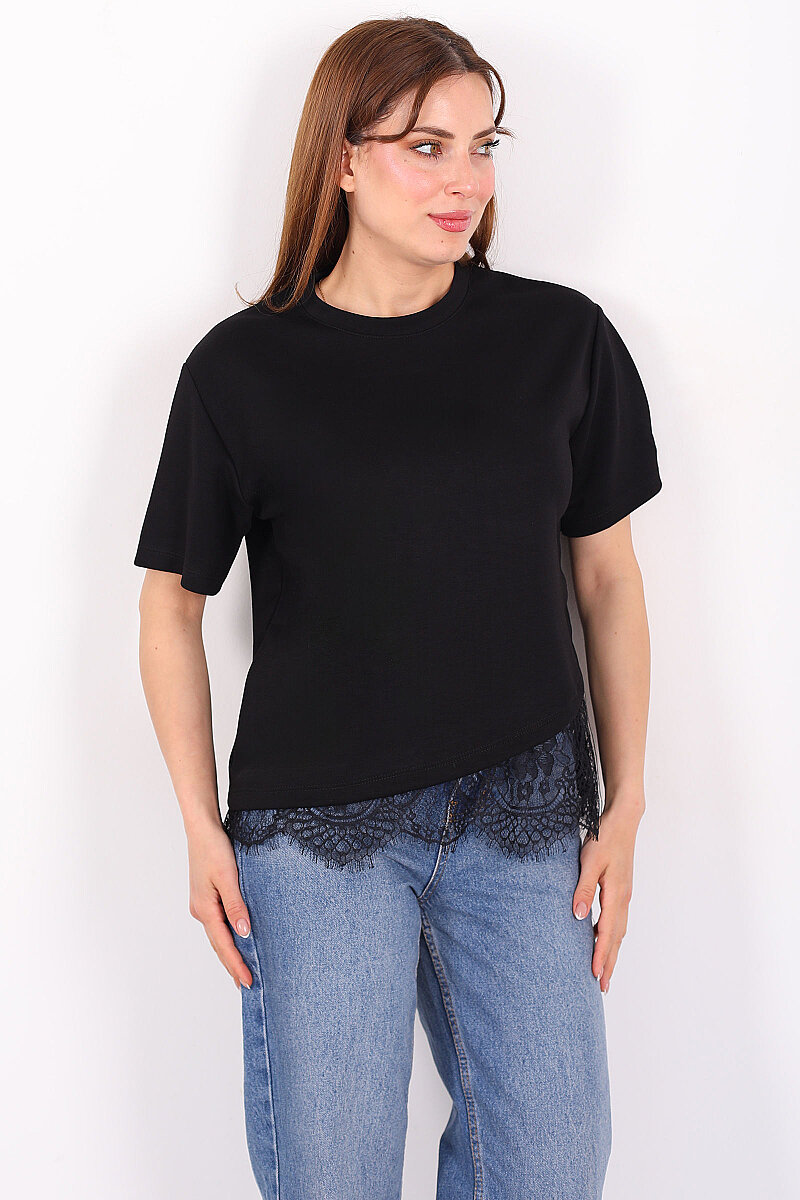 Eteği Çapraz Dantelli Siyah Kadın Kısa Kol T-Shirt - 3