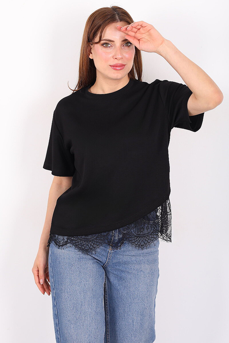 Eteği Çapraz Dantelli Siyah Kadın Kısa Kol T-Shirt - 1