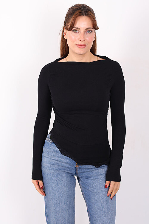 Eteği Dantel Detaylı Asimetrik Kadın Siyah Drapeli Bluz - 4