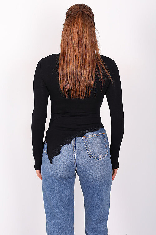 Eteği Dantel Detaylı Asimetrik Kadın Siyah Drapeli Bluz - 5