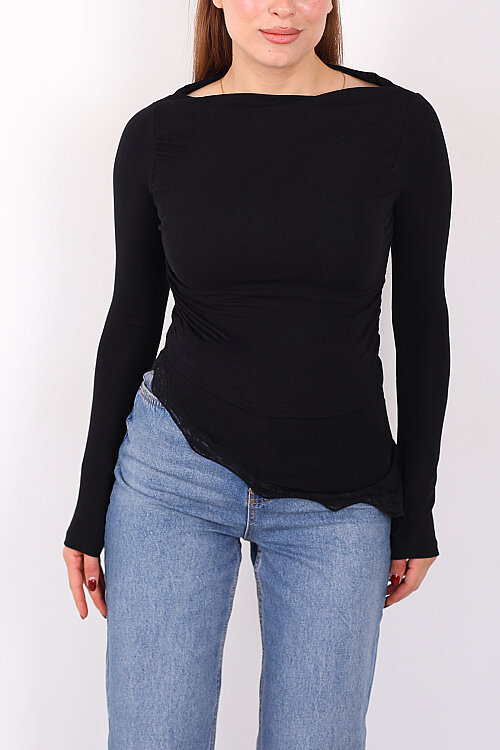 Eteği Dantel Detaylı Asimetrik Kadın Siyah Drapeli Bluz - Berox (1)