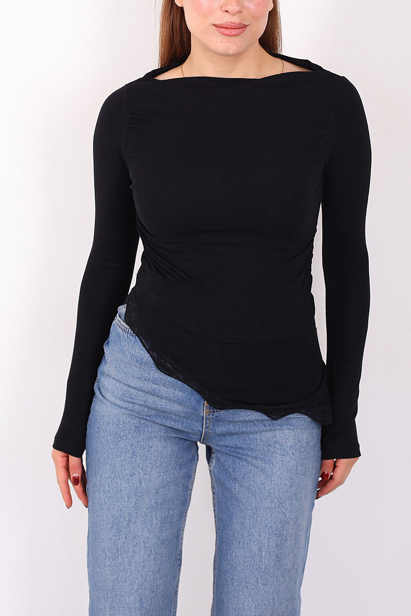 Eteği Dantel Detaylı Asimetrik Kadın Siyah Drapeli Bluz - 2