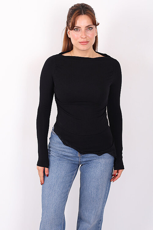 Eteği Dantel Detaylı Asimetrik Kadın Siyah Drapeli Bluz - Berox