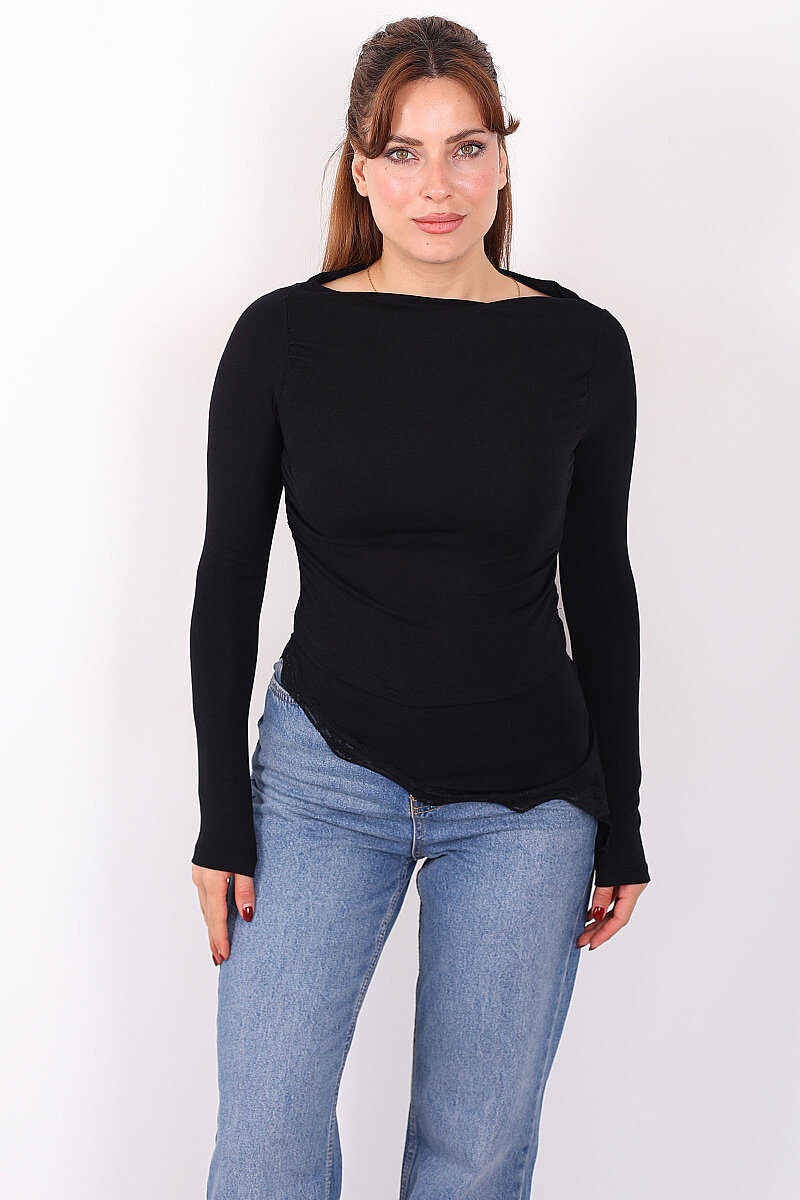 Eteği Dantel Detaylı Asimetrik Kadın Siyah Drapeli Bluz - 1