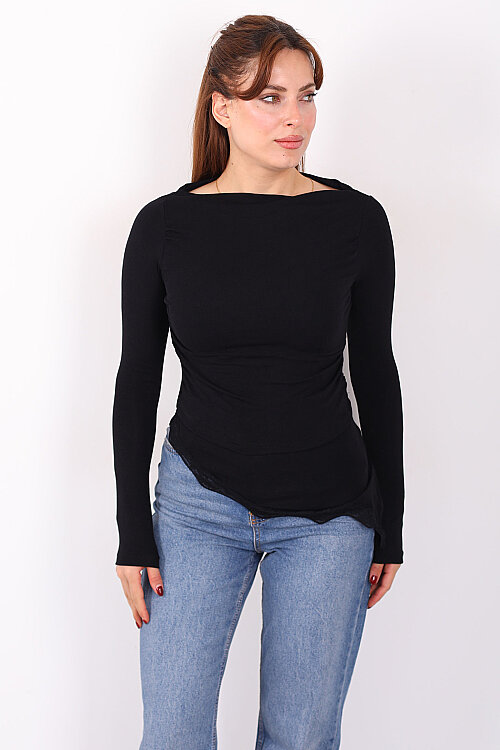 Eteği Dantel Detaylı Asimetrik Kadın Siyah Drapeli Bluz - 6