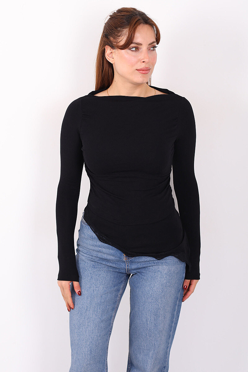 Eteği Dantel Detaylı Asimetrik Kadın Siyah Drapeli Bluz - 6