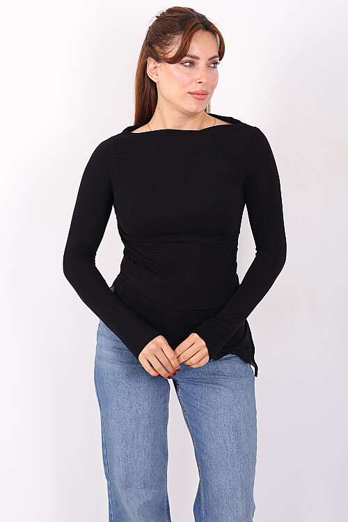 Eteği Dantel Detaylı Asimetrik Kadın Siyah Drapeli Bluz - 3