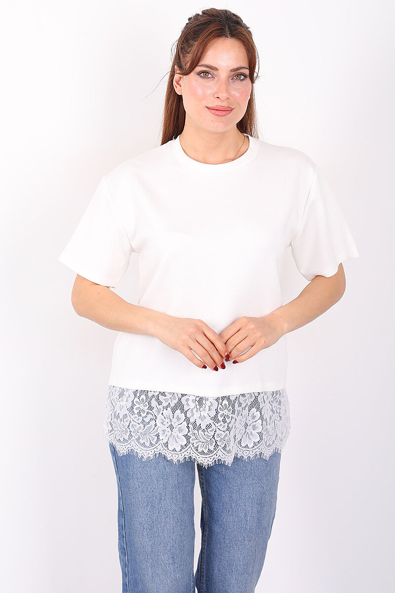 Eteği Dantelli Bisiklet Yaka Ekru Kadın T-Shirt - 1