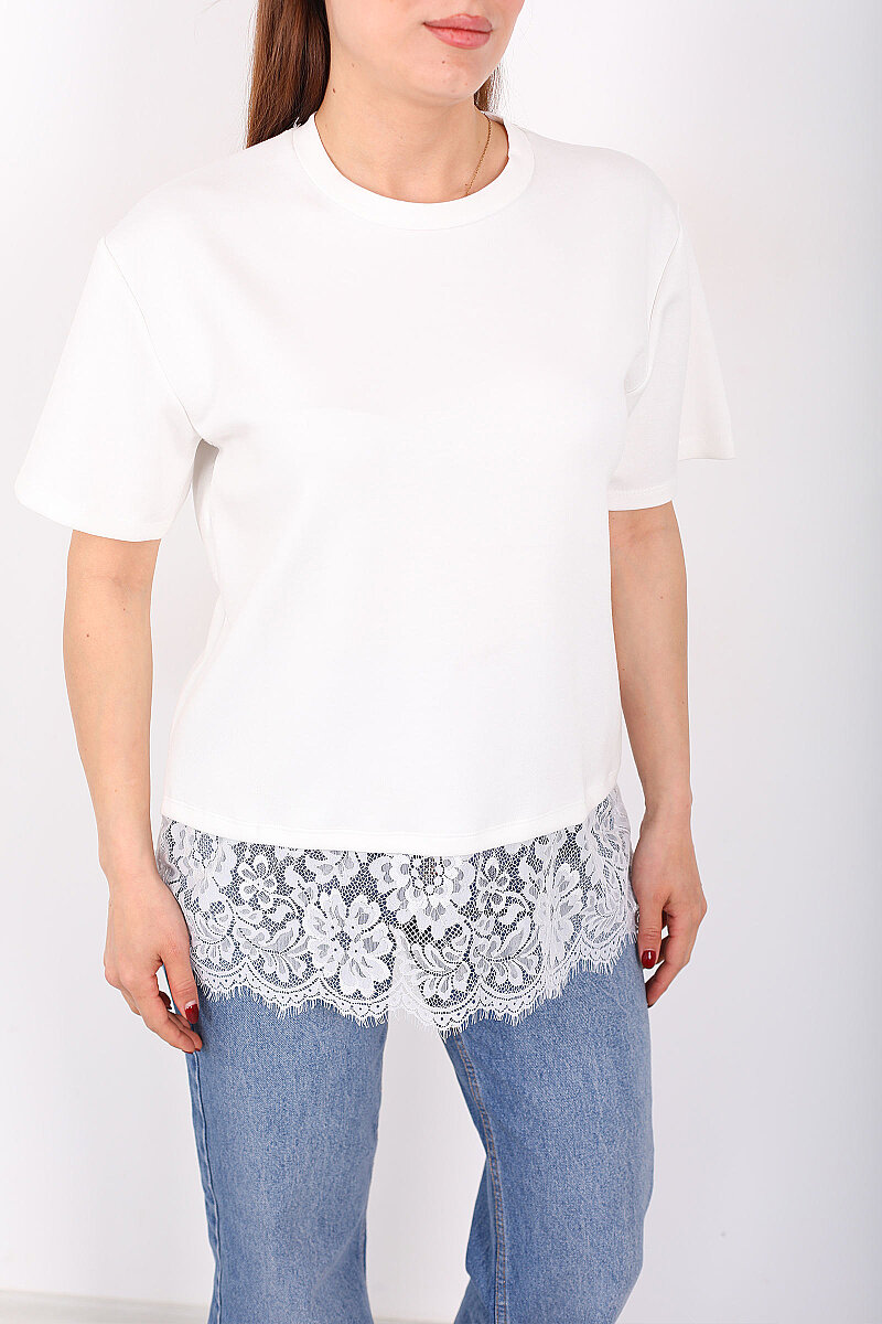 Eteği Dantelli Bisiklet Yaka Ekru Kadın T-Shirt - 2