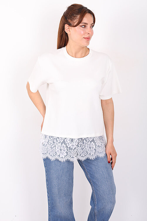 Eteği Dantelli Bisiklet Yaka Ekru Kadın T-Shirt - 4