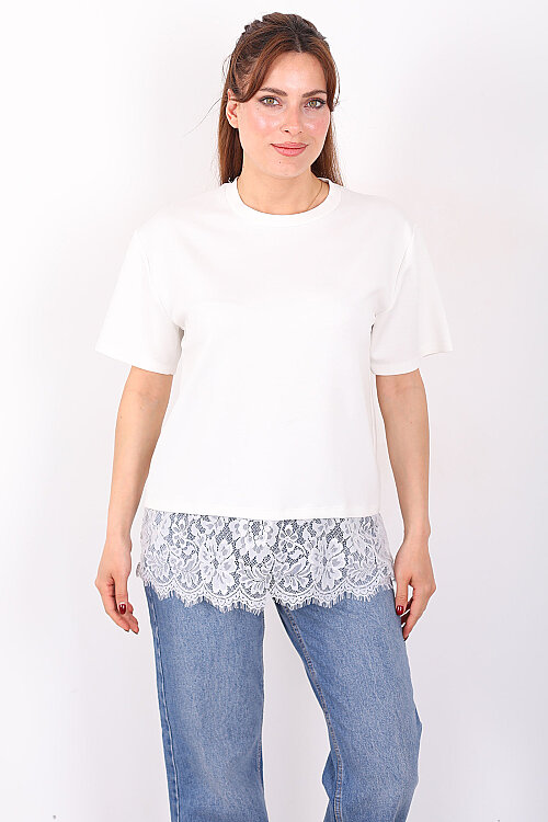 Eteği Dantelli Bisiklet Yaka Ekru Kadın T-Shirt - 6