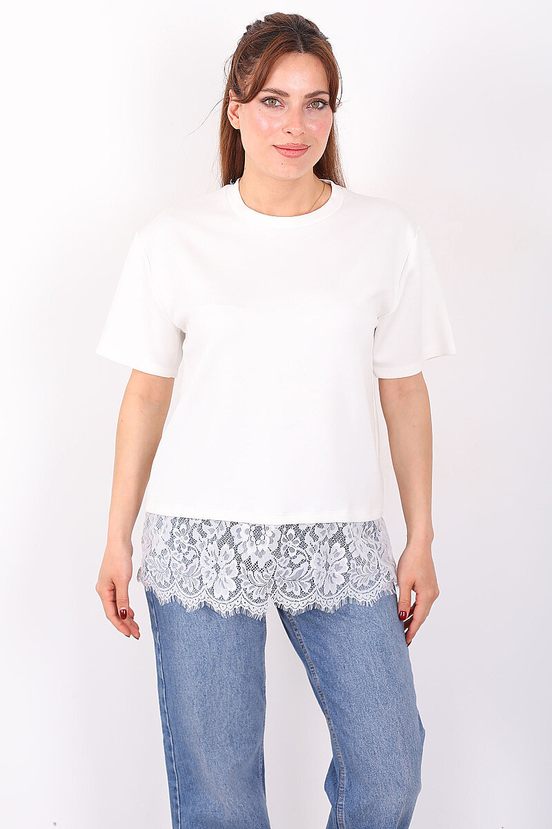 Eteği Dantelli Bisiklet Yaka Ekru Kadın T-Shirt - 6