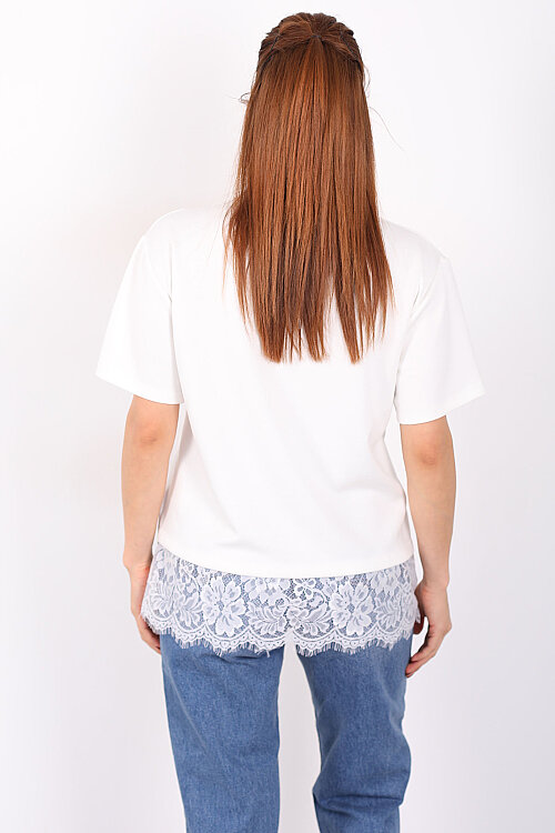 Eteği Dantelli Bisiklet Yaka Ekru Kadın T-Shirt - 5