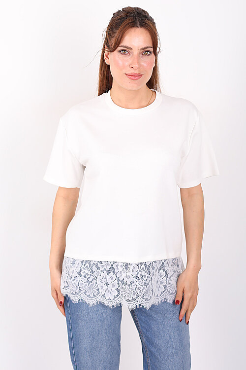Eteği Dantelli Bisiklet Yaka Ekru Kadın T-Shirt - 3