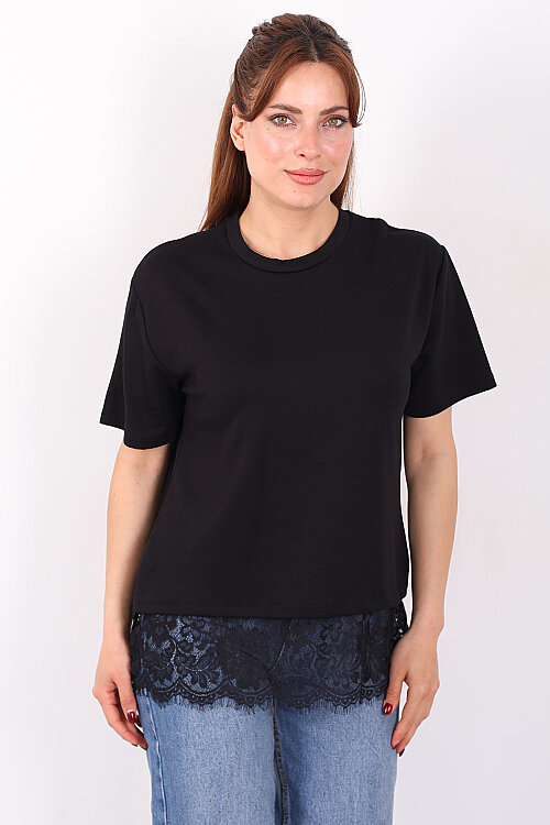 Eteği Dantelli Bisiklet Yaka Siyah Kadın T-Shirt - 5