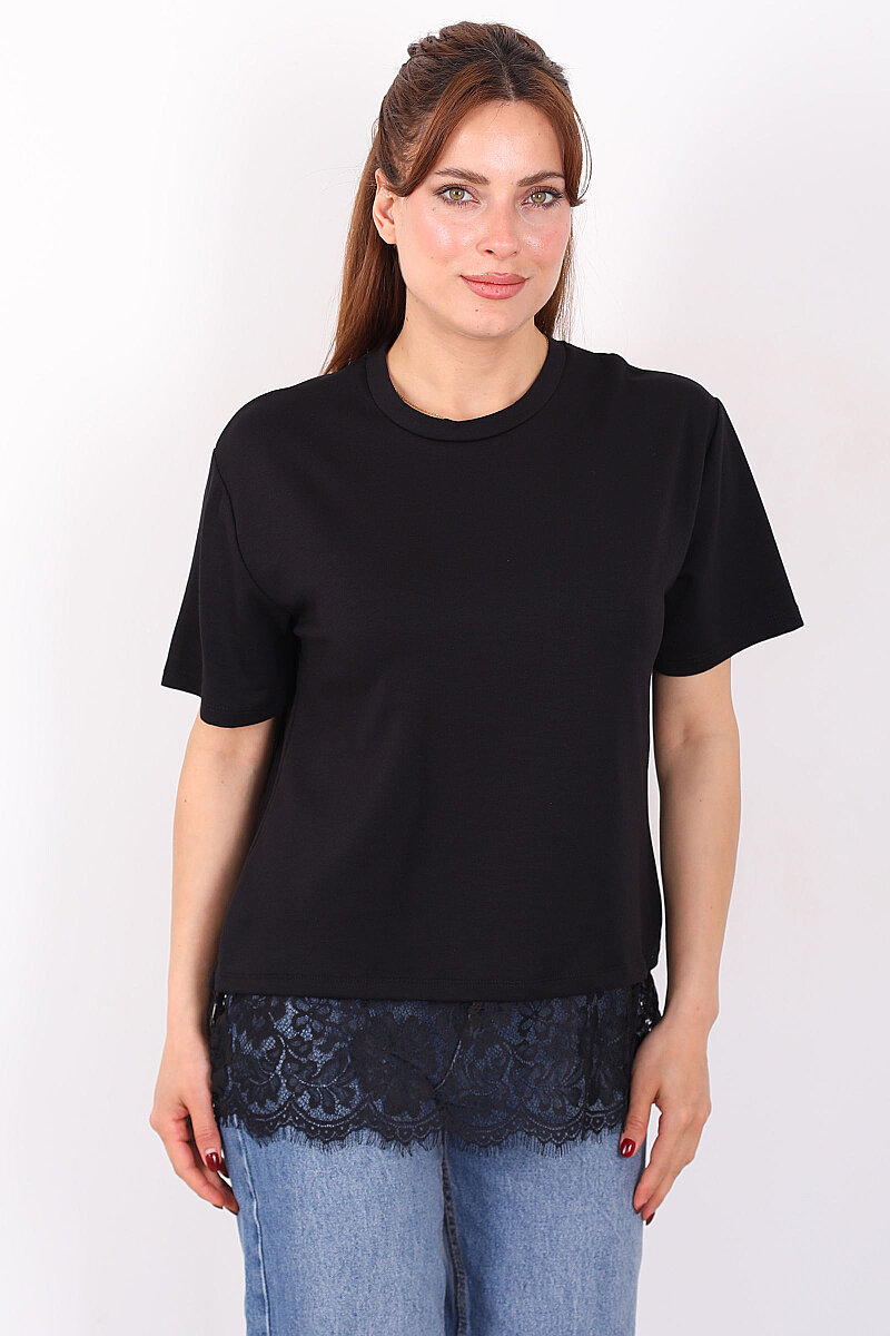 Eteği Dantelli Bisiklet Yaka Siyah Kadın T-Shirt - 5