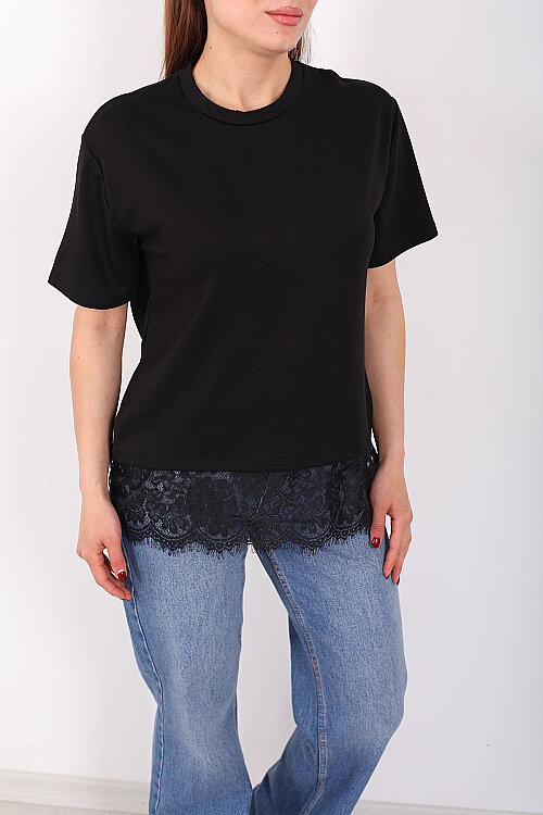 Eteği Dantelli Bisiklet Yaka Siyah Kadın T-Shirt - Berox (1)