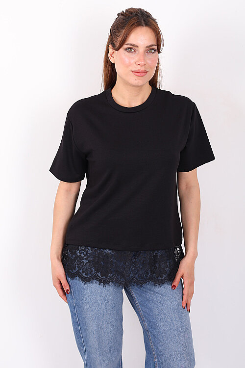 Eteği Dantelli Bisiklet Yaka Siyah Kadın T-Shirt - Berox
