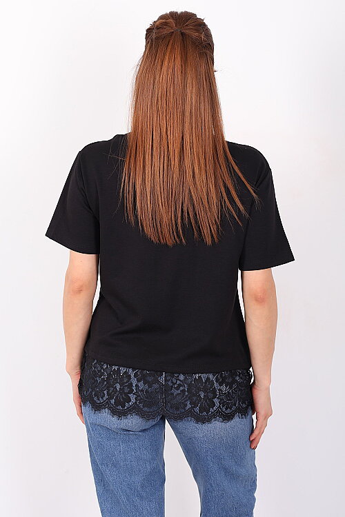 Eteği Dantelli Bisiklet Yaka Siyah Kadın T-Shirt - 4