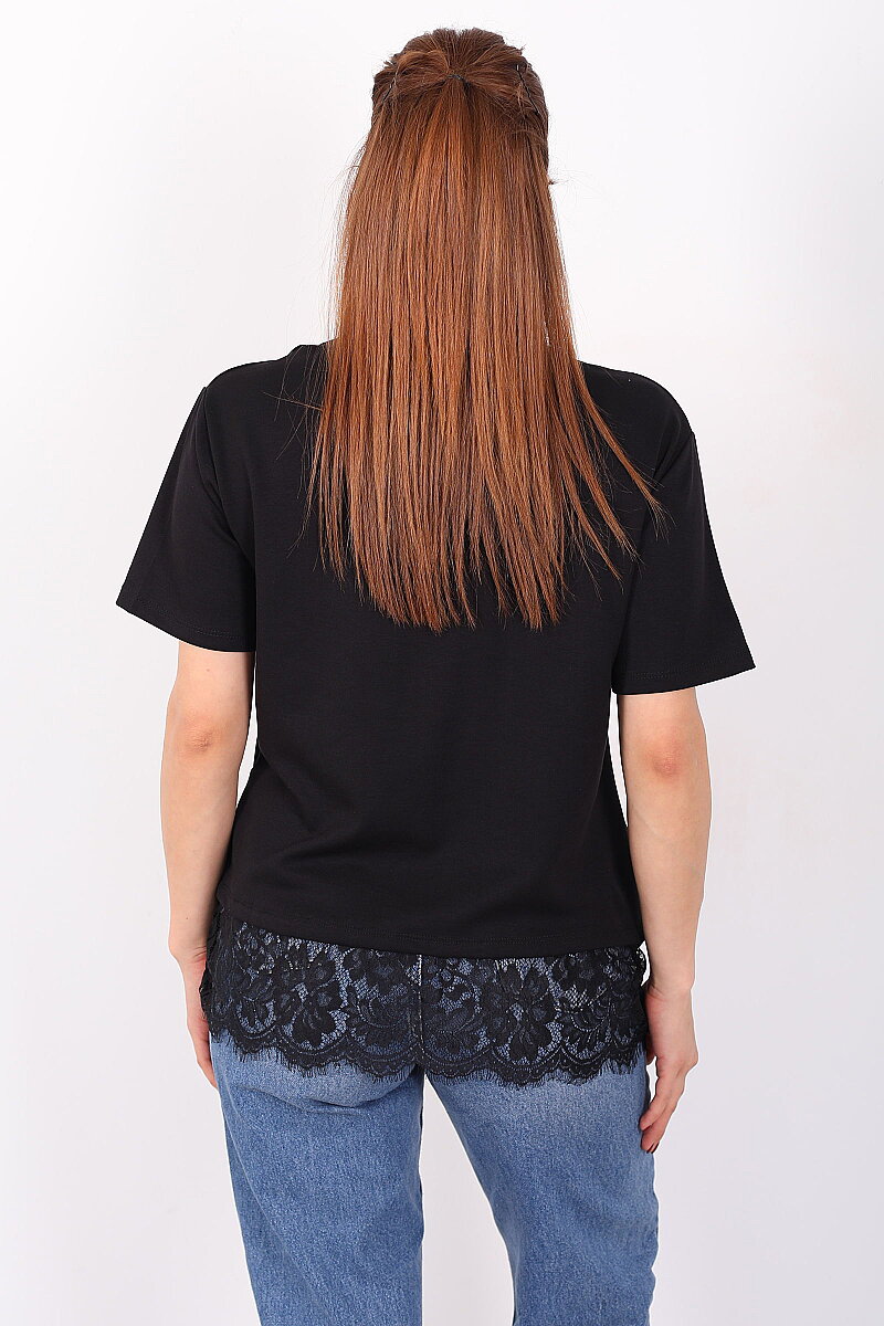 Eteği Dantelli Bisiklet Yaka Siyah Kadın T-Shirt - 4