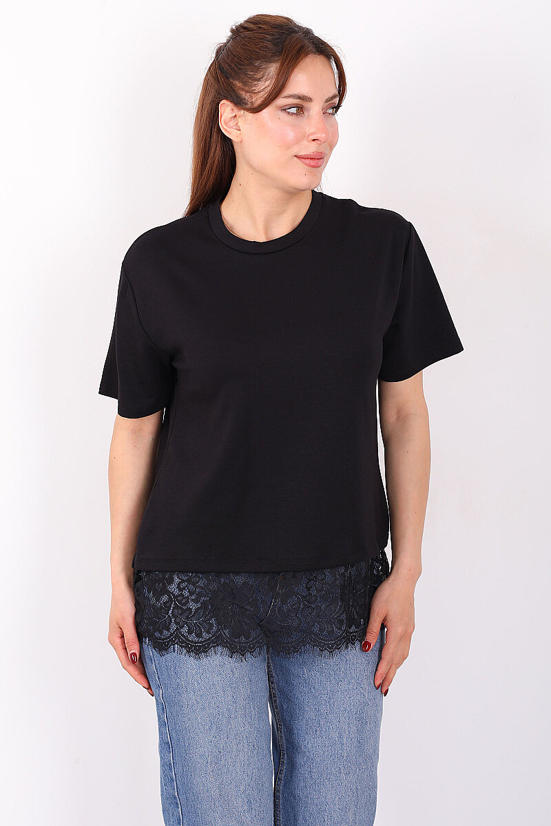 Eteği Dantelli Bisiklet Yaka Siyah Kadın T-Shirt - 3