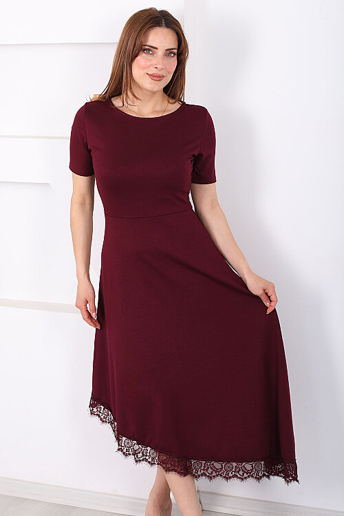 Eteği Dantelli Kadın Bordo Asimetrik Midi Modal Elbise - 4