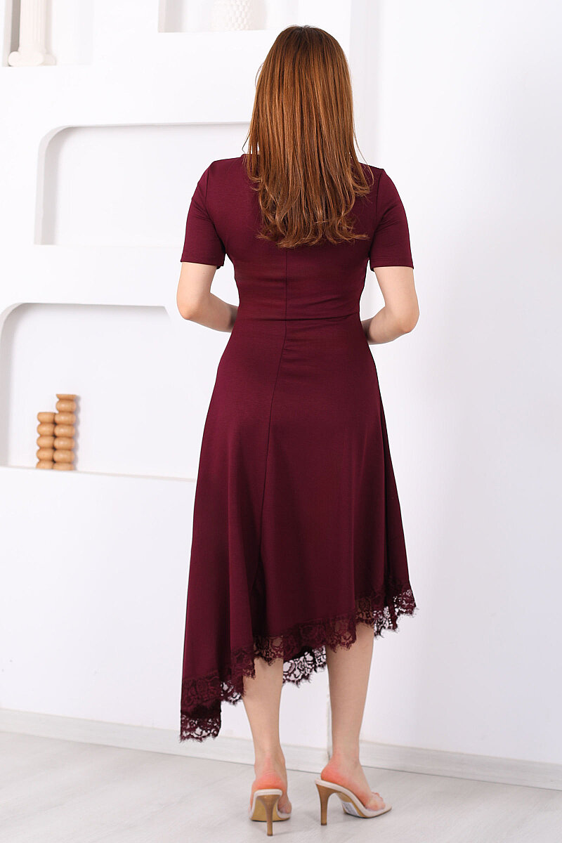 Eteği Dantelli Kadın Bordo Asimetrik Midi Modal Elbise - 6