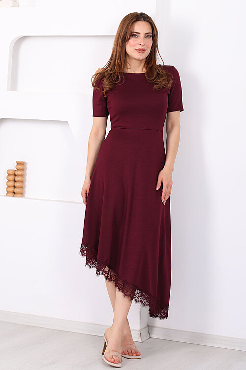 Eteği Dantelli Kadın Bordo Asimetrik Midi Modal Elbise - 5
