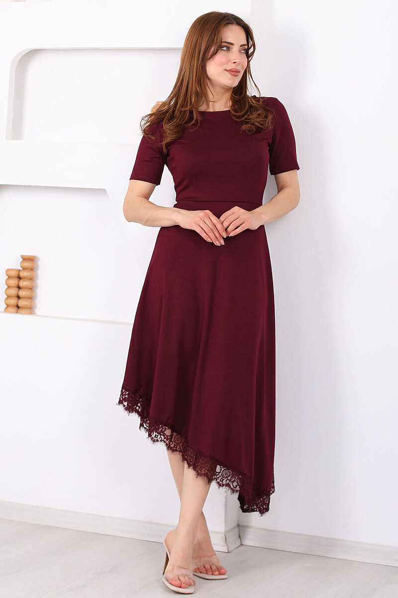 Eteği Dantelli Kadın Bordo Asimetrik Midi Modal Elbise - 3