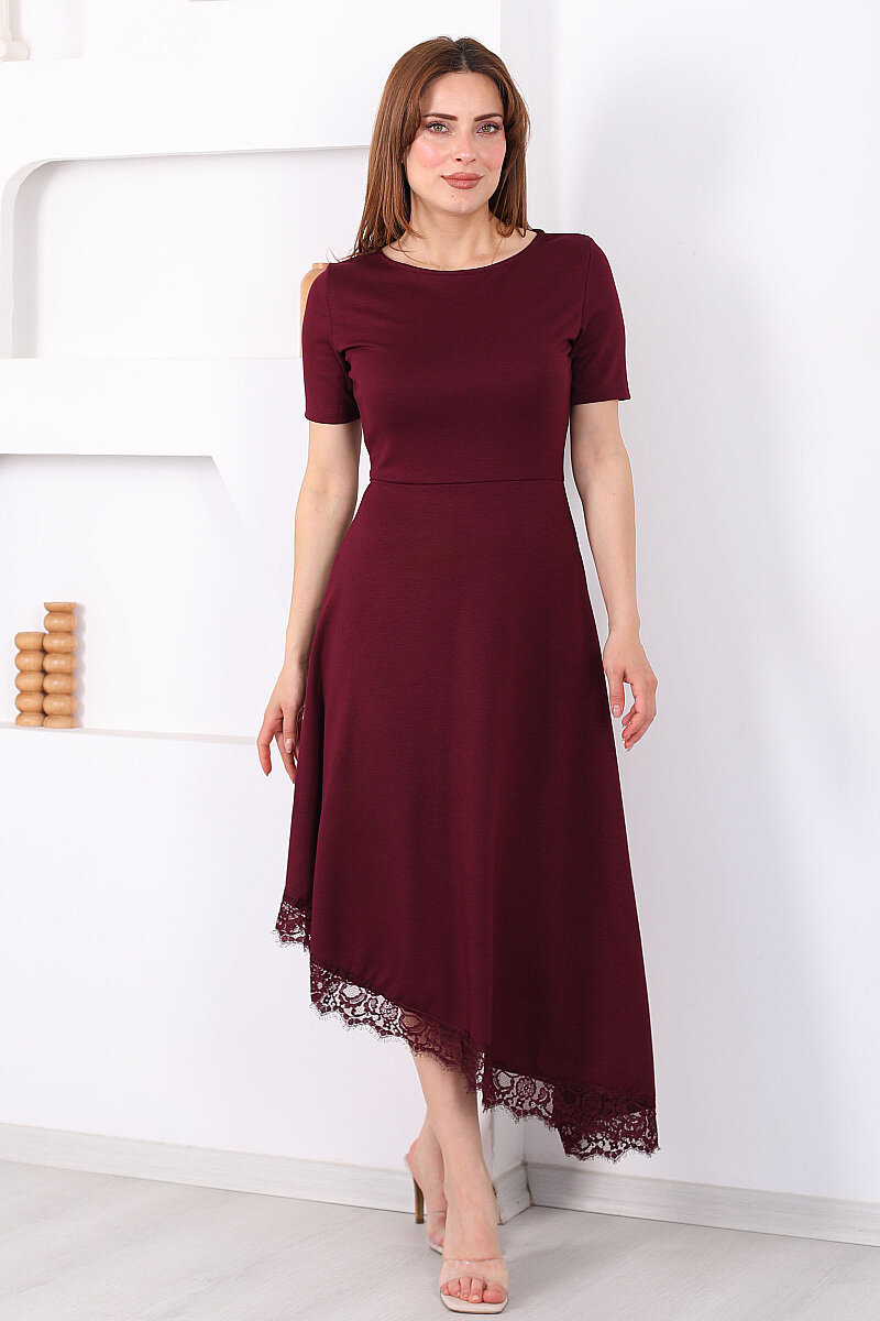 Eteği Dantelli Kadın Bordo Asimetrik Midi Modal Elbise - 7