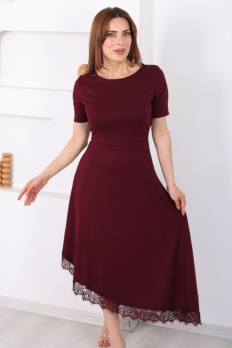 Eteği Dantelli Kadın Bordo Asimetrik Midi Modal Elbise - 1