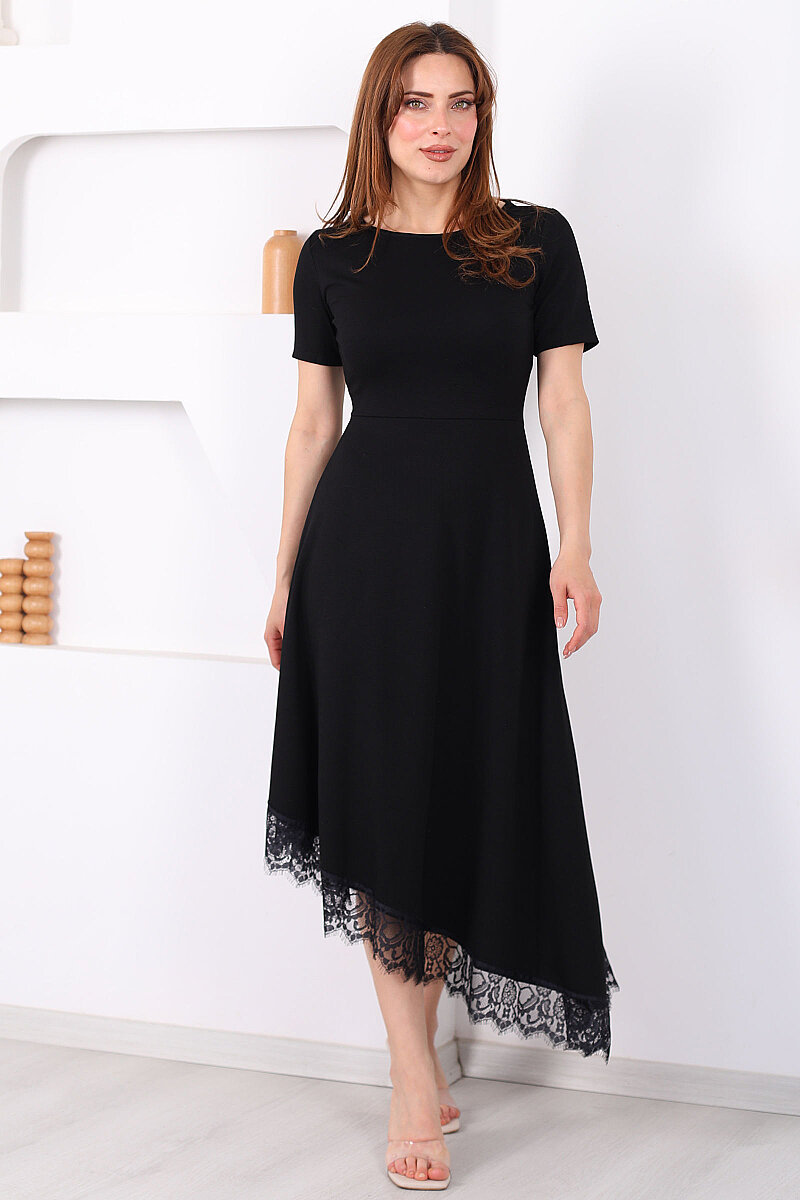 Eteği Dantelli Kadın Siyah Asimetrik Midi Modal Elbise - 4