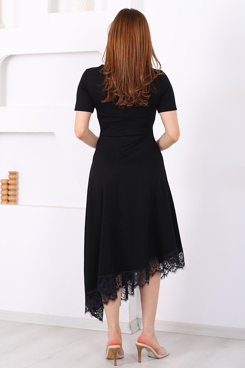 Eteği Dantelli Kadın Siyah Asimetrik Midi Modal Elbise - 6