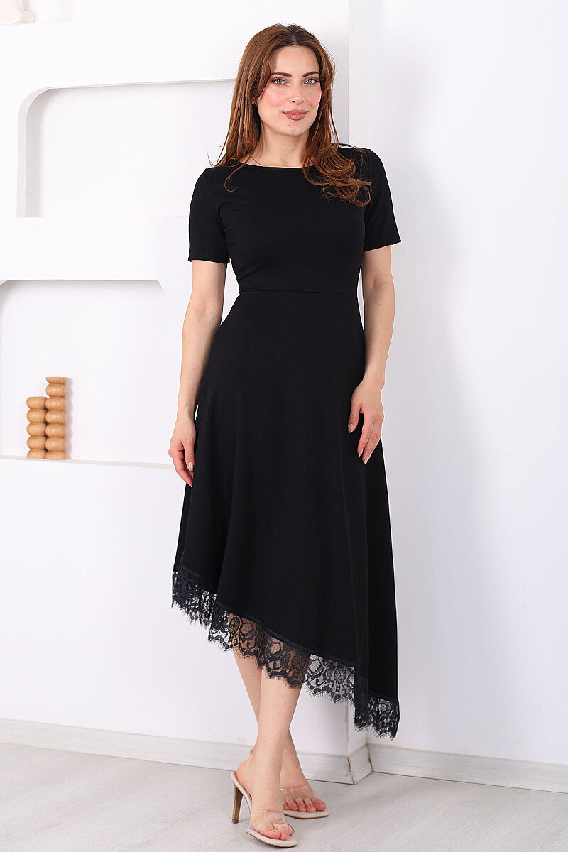 Eteği Dantelli Kadın Siyah Asimetrik Midi Modal Elbise - 7