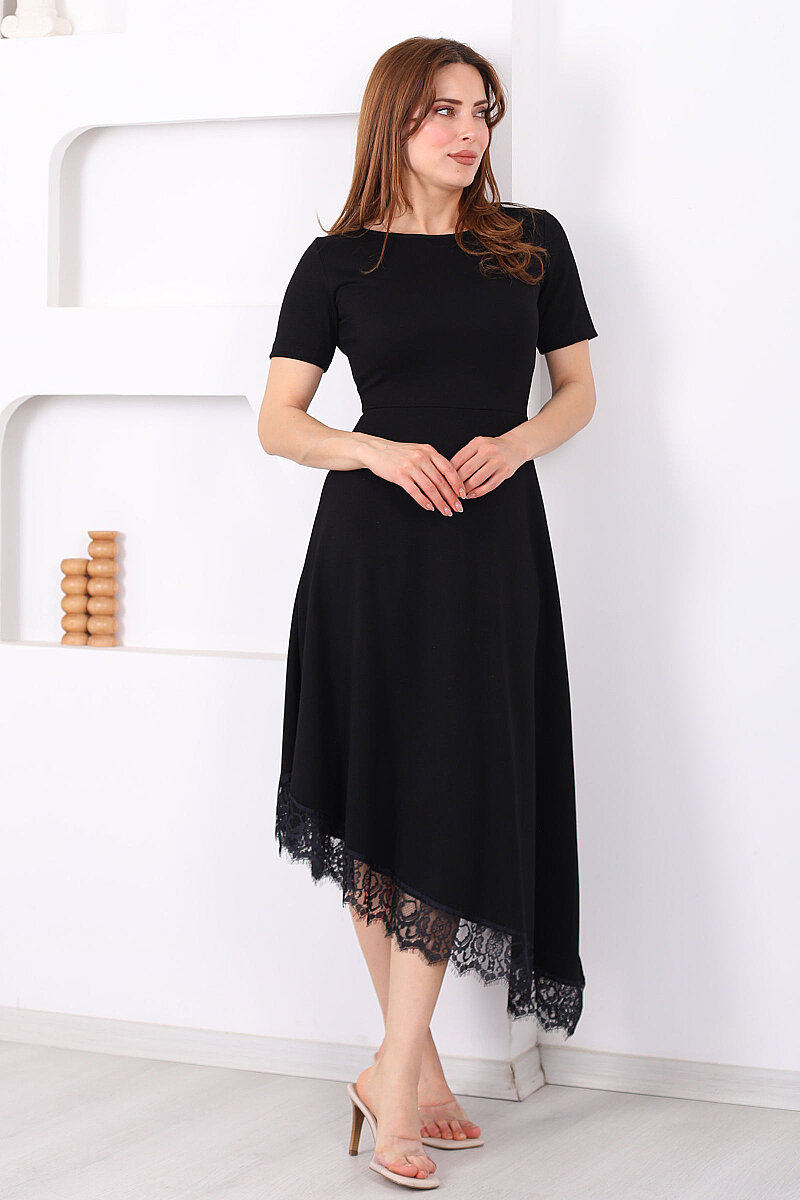 Eteği Dantelli Kadın Siyah Asimetrik Midi Modal Elbise - 1
