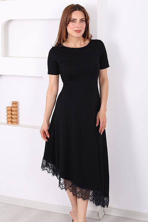 Eteği Dantelli Kadın Siyah Asimetrik Midi Modal Elbise - 3