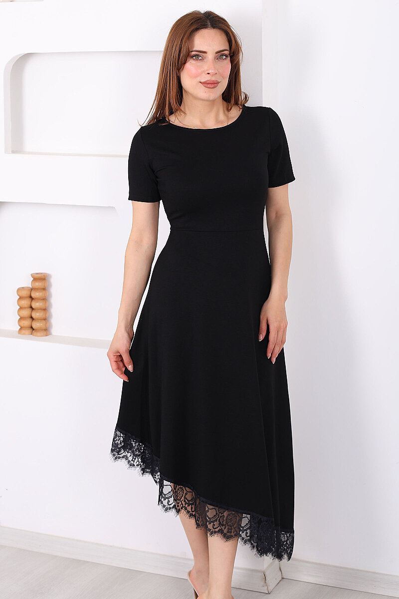 Eteği Dantelli Kadın Siyah Asimetrik Midi Modal Elbise - 3