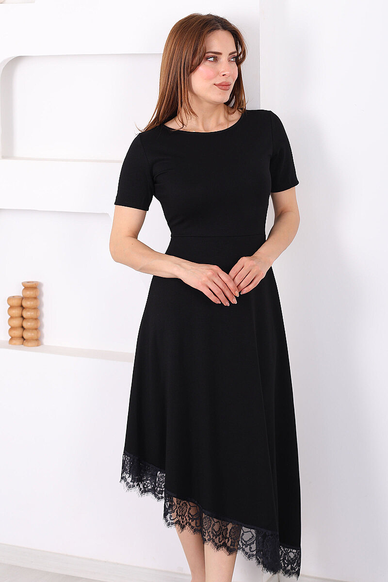 Eteği Dantelli Kadın Siyah Asimetrik Midi Modal Elbise - 5
