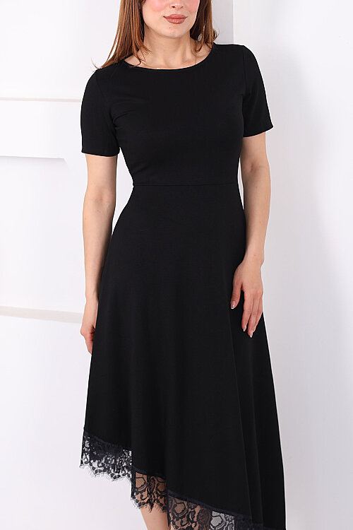 Eteği Dantelli Kadın Siyah Asimetrik Midi Modal Elbise - Berox (1)