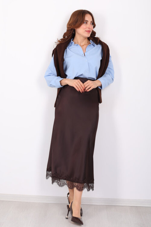 Eteği Dantelli Maxi Acı Kahve Kadın Saten Etek - 1