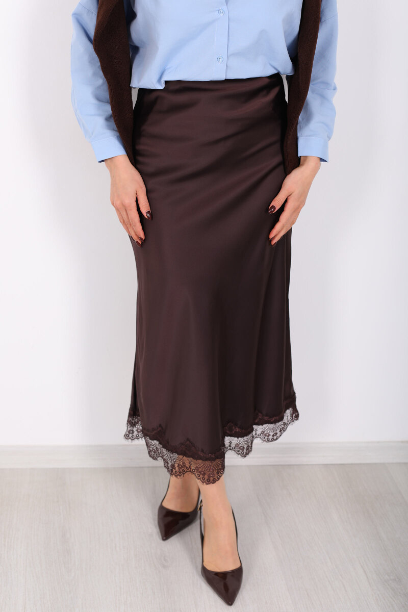 Eteği Dantelli Maxi Acı Kahve Kadın Saten Etek - 2