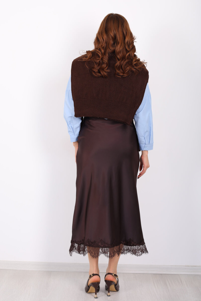 Eteği Dantelli Maxi Acı Kahve Kadın Saten Etek - 6