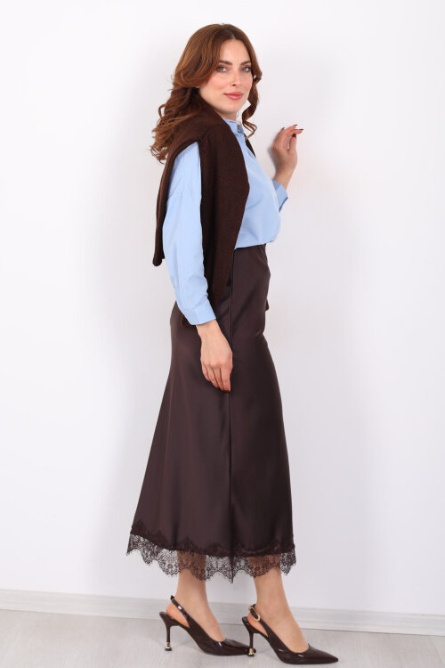 Eteği Dantelli Maxi Acı Kahve Kadın Saten Etek - 4