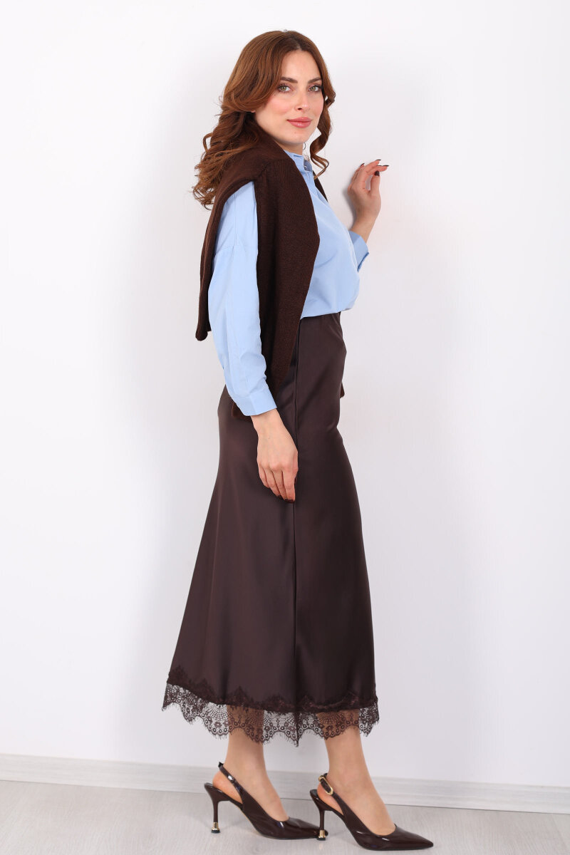 Eteği Dantelli Maxi Acı Kahve Kadın Saten Etek - 4