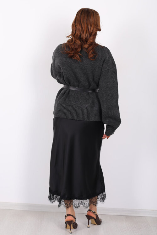 Eteği Dantelli Maxi Siyah Kadın Saten Etek - 5