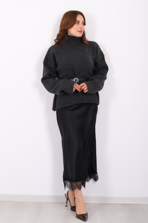 Eteği Dantelli Maxi Siyah Kadın Saten Etek - 3