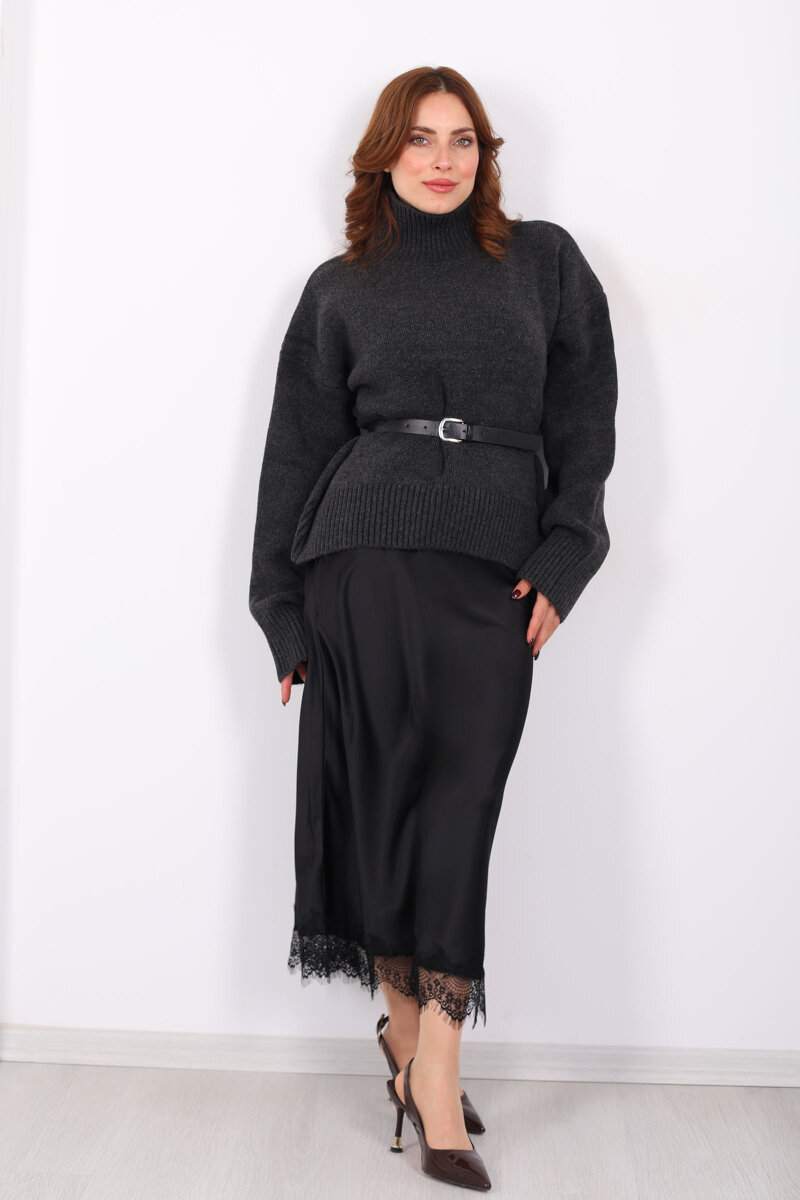 Eteği Dantelli Maxi Siyah Kadın Saten Etek - 6