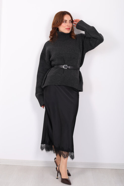 Eteği Dantelli Maxi Siyah Kadın Saten Etek 