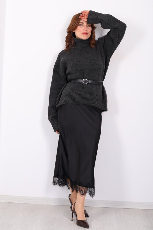 Eteği Dantelli Maxi Siyah Kadın Saten Etek - 4