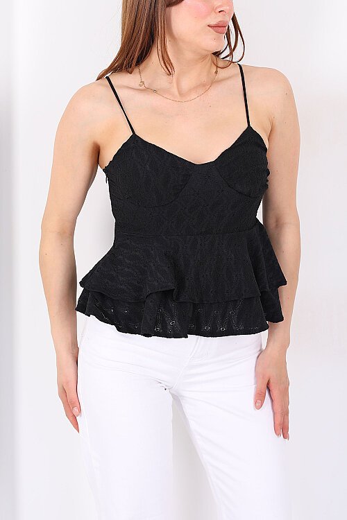 Eteği Fırfırlı Gloplu İşleme Detaylı Siyah Kadın Bluz - 2